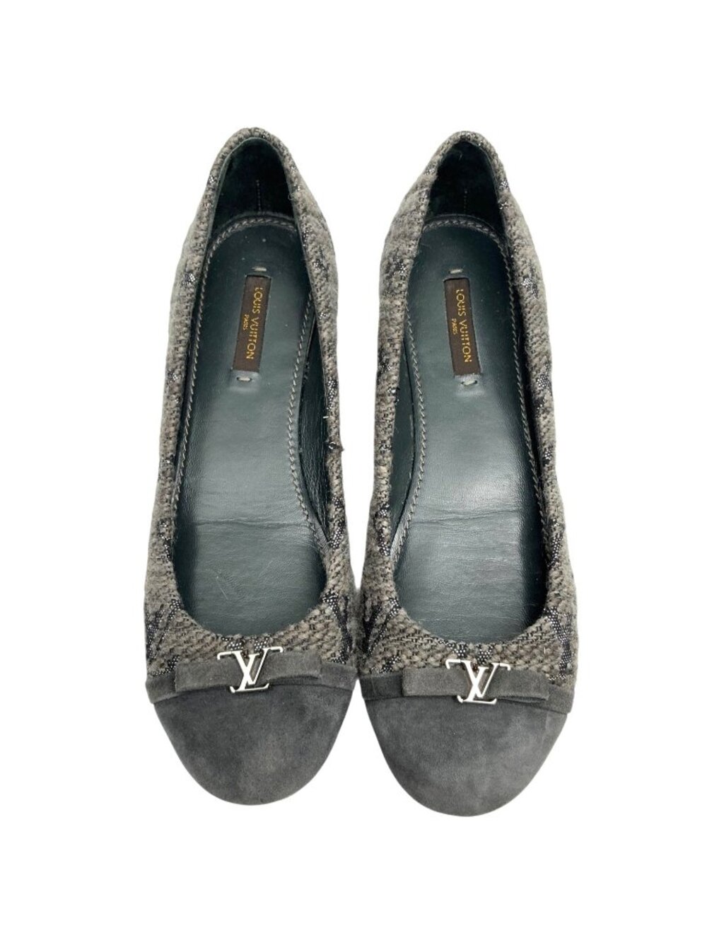 LOUIS VUITTON Grey Tweed and Suede Cap Toe Logo Ballet Flats sz 5.5